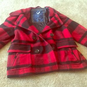 Red and Black Plaid Pea Coat